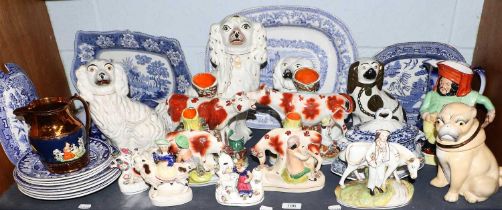 A Quantity of Victorian Pottery Staffordshire Figures, including a pair of cow and milk maid jugs