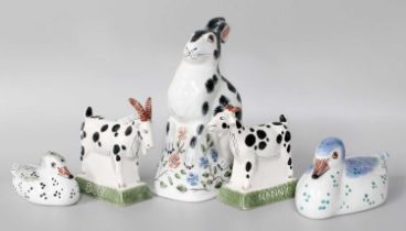 ~ Rye Pottery: A Pair of Goats "Nanny" and "Billy", 13cm high, a seated hare, and two ducks (one