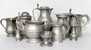 Ten Pieces of 18th Century and Later Pewter, including a baluster jug and cover with shell-formed