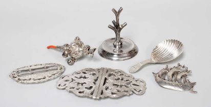 A Collection of Silver Items, including a child's rattle with coral teether, bells and whistle; a