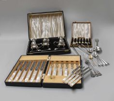 A Collection of Silver and Silver Plate, the silver including a cased condiment; set; various