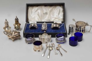 A Collection of Assorted Silver Condiment Items, including a mustard-pot in the manner of Kate