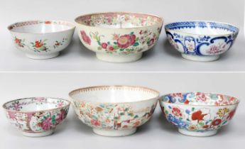 ~ Six 18th/19th Century Canton Famille Rose Porcelain Bowls, painted with floral sprays, figures