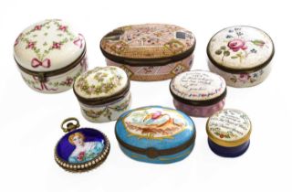 ~ A Group of Enamel Pill and Snuff Boxes including an 18th Century example with quote, and an