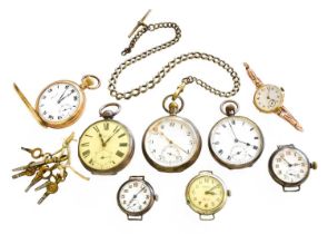 A Silver Open Faced Pocket Watch, two silver open-faced pocket watches, silver curb link chain,