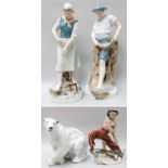 A Pair of Royal Dux Porcelain Figures, of a Fisherman and his Companion (Czechaslovakia) 53cm,