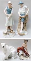 A Pair of Royal Dux Porcelain Figures, of a Fisherman and his Companion (Czechaslovakia) 53cm,