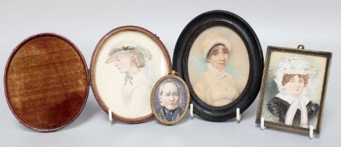 Four 19th century Watercolour Portrait Miniatures, including one of a lady wearing a hat and in oval