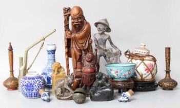 Assorted Asian Art, including a Cantonese enamel bowl, a Ming-style porcelain guglet, soapstone