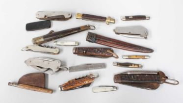 Assorted Pocketknives and Multi Tools, including two military clasp knives, fleam, antler scaled