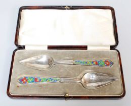 A Cased Pair of George V Silver and Enamel Spoons, by Bernard Instone, Birmingham, 1928, each