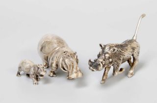 A Zimbabwean Silver Model of a Hippo and a Warthog, With Zimbabwean Mark, 20th Century, each