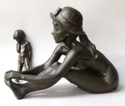 Tom Greensheild (Contemporary) Anya and Her Hat Bronzed composite sculpture 27/350, 40cm by 31cm,