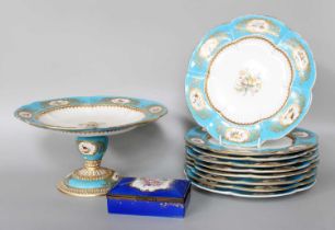 An English Porcelain Part Dessert Service, 19th century, probably Minton, with turquoise borders and