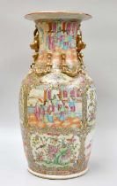 A Cantonese Porcelain Vase, 19th century, moulded to the collar with mythical beasts, painted in