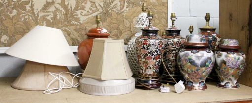 Assorted Modern Pottery Table Lamps, including three Satsuma lamps, white pierced lamp, two ginger