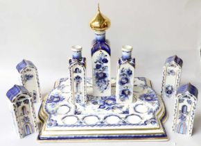 A Gzhel Russian Porcelain "Blue Fairytale" Cabaret Set, 20th century, comprising a tray, three