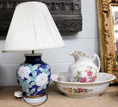 A Decorative Modern Ceramic Table lamp, together with an early 20th century pottery jug and bowl