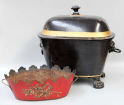 ~ A 19th Century Style Toleware Coal Bucket, with twin ring and lion mask handles, on paw feet, 42cm