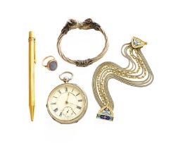 An Opal Dress Ring, Must de Cartier Pen, Nine Strand Enamel Bracelet Stamped 925, Silver Pocket