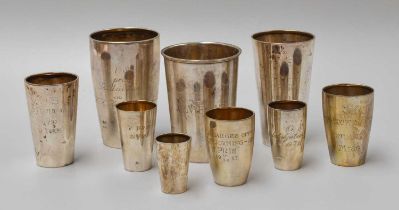 A Collection of Nine Various Swedish Silver Beakers, each tapering cylindrical, some slightly