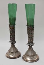 A Pair of Swedish Silver-Mounted Green Glass Vases, Maker's Mark SP, 1869, the bases tapering,