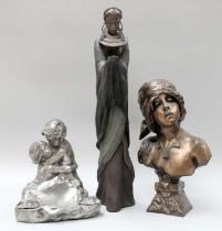 A Pewter Figure, together with two composite sculptures (3)