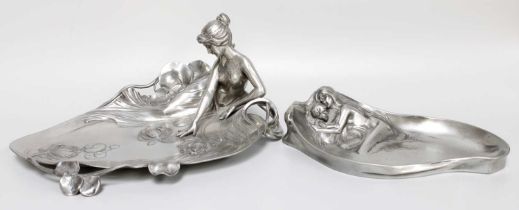 A WMF Art Nouveau Pewter Card Tray, formed as a maiden reclining beside a pond, with stylised