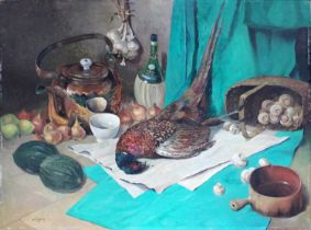 Max Legout (20th Century) French Still life of pheasant, mushrooms, garlic, wine and cooking pots