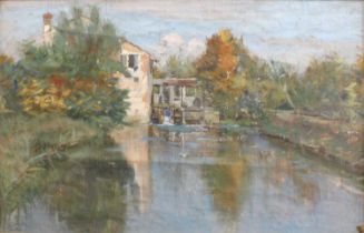 Italian School (20th Century) River landscape with mill house Indistictly signed, oil on linen? laid