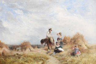 Follower of David Cox (1783-1859) Haymakers and rest Bears signature, oil on board, 30cm by 43cm