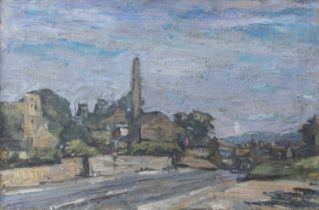 British School (20th Century) Townscape with distant church tower Oil on canvas, 35cm by 52.5cm