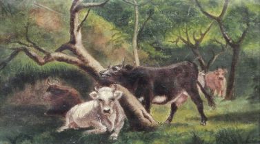 ~ Scandinavian School (19th century) Cattle in a woodland Inscribed and dated 1895, verso, oil on