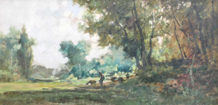 Italian School (20th Century) Figure and sheep at rest in a sun dappled landscape Indistictly