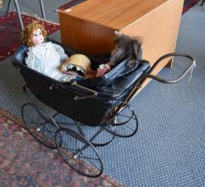 A Vintage Dolls Pram, with folding canopy, leaf sprung and on spoked wheels, together with a