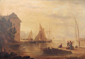 ~ British School (19th Century) Busy harbour scene with fisherman and animals watering Initialled
