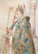 Charles Cattermole R.I (1832-1900) Study of a bishop with mitre and crozier Signed, watercolour,