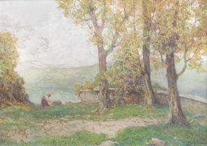 Attributed to Bruto Mazzolani (1880-1949) Italian Goat herd and her charges at rest by trees in an
