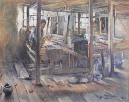 John Rennie McKenzie Houston RSW (1856-1932) Scottish "Interior of a Weavers Shed" Signed and