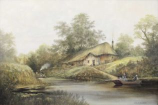 John R. Worsdale (20th Century) Boating on a canal Signed, oil on canvas, 49.5cm by 75.5cm