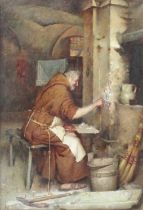 C* Bortiquary (19th Century) Monk grouting/pointing Signed oil on canvas, 35.5cm by 25.5cm