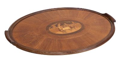 A Mahogany and Marquetry-Inlaid Oval Tray, circa 1900, with scrolled handles and moulded border, the