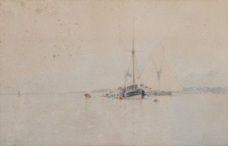 Edoardo de Martino (1838-1912) Passengers embarking masted ship offshore Signed, watercolour,