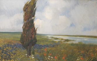 V* Romano (20th Century) Italian Extensive landscape with Cypress tree Signed and dated 1925, oil on