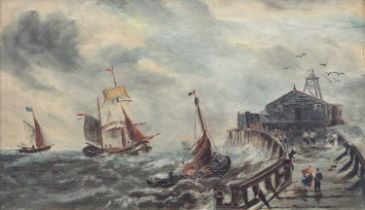 Continental School (19th Century) Choppy shipping scene with figures on a pier Oil on board;