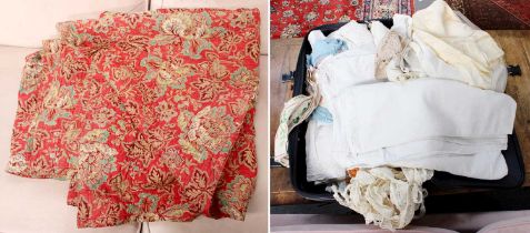 Victorian red paisley wholeccloth reversible quilt embroidered linen bed cover, crochet edgings etc.