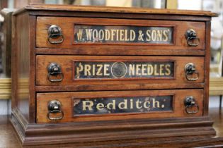 A Shop Display Sewing Box, the three compartmentalised drawers labelled W Woodfield & Sons; Prize