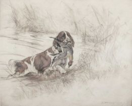 ~ After George Vernon Stokes (1873-1954) Spaniel and duck Signed and number 5/75, etching,