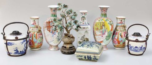 A Pair of Cantonese Porcelain Vases, 19th century, moulded to the necks with mythical beasts