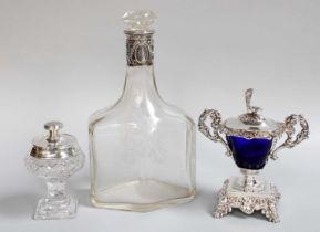 Three Silver or Silver-Mounted Items, comprising a German silver-mounted engraved glass decanter, by